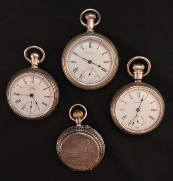 4 Pocket Watches, 3 Silver & Gold (Trains, Horses): Lot includes: AWW Co Waltham with gold train (2.25"), Waltham with gold train (2 1/8"), American Waltham with gold jockey on a horse (2 1/8") and a watch in a 800 silver case with a train (2")