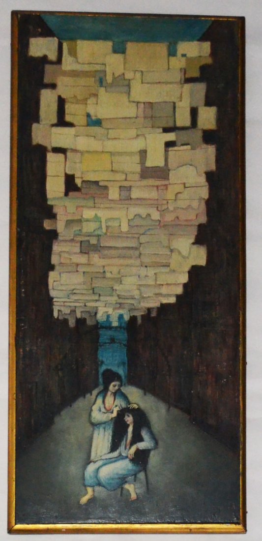 Mario Russo Italian Mid Century Modern Painting: Signed M. Russo '52, likely Mario Russo (Italian). Verso has Stickers from Obelisk Gallery as well as Galeria Taraglia in Rome. Frame: 26.75" x 11.25", Image:26" x 10.5"