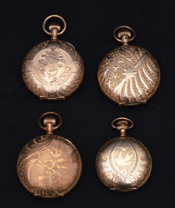 4 Hunter Case Ladies Pocket Watches: Waltham(1 5/8"), New York Standard Watch Company USA(1 5/8"), R.E. Chalmers and Co. Chicago(1 5/8"), Elgin(1.5")