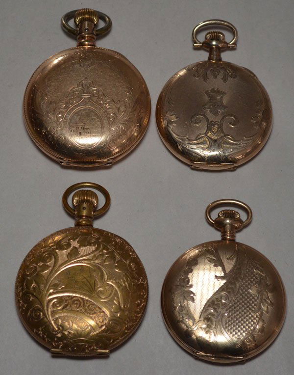 4 Hunter Case Pocket Watches: Lot includes: Waltham (1 7/8"), Elgin (1 7/8"-no crystal), Century USA (2"), Elgin Natl. Watch Co.(2")