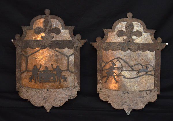 Pair of Mica & Iron Wall Sconces: Great pair of iron & mica wall sconces with 2 different scenes, one appears to be Native American Indians & frontier/tavern scene 13.25" x 10 1/8" wide x 2.5" deep.