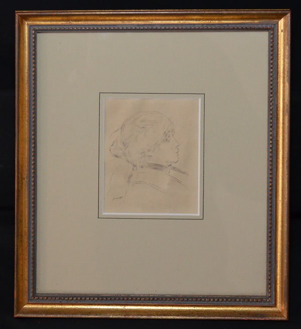 Pierre Auguste Renoir Drypoint Etching: Berthe Morisot Drypoint, c. 1892. This drypoint was first published in Duret's Renoir. Stella notes "some reprints in limited editions". Frame: 10.75" x 9 3/8" paper sight: 4" x 3.25"