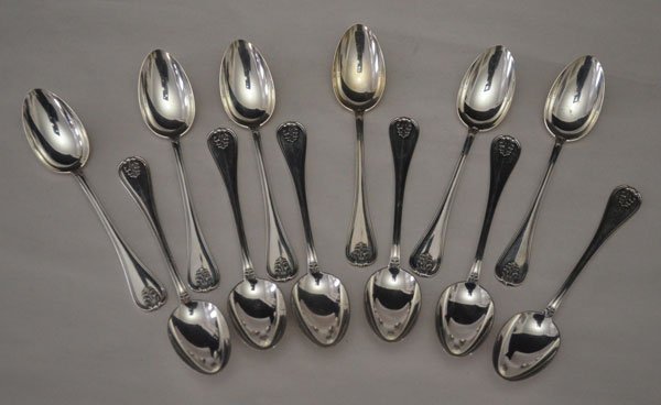 12 Buccellati Laura Sterling Demitasse Spoons: 12 "W" monogrammed sterling silver teaspoons or demitasse spoons (5 1/8"). Gross weight is 8.48ozt.