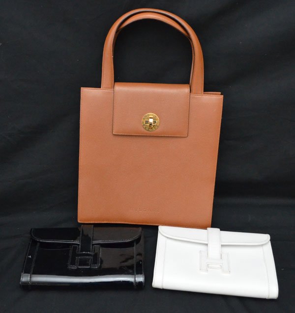 Bulgari Leather Purse with 2 Hermes Clutches: Hermes (white:9" x 5.75"-stains and minor wear), Bulgari (brown:17" w/handle x 11"), Hermes (black:9" x 5.75")
