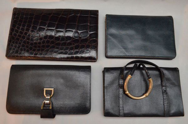 4 Exotic Leather Designer Handbags: Black Gucci measures 10.25" x 6", Blue Judith Leiber measures 9.25" x 6.25", Alligator DeVecci measures 12" x 7.75", Black Roger Model measures 9.5" x 6"