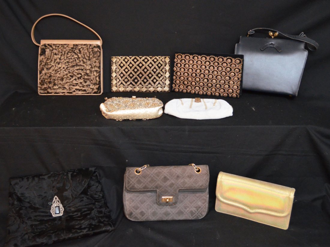 Vintage Misc. Purse Lot (Beaded, Leather, Fur): Lot includes: Morris Moskowitz brown leather bag (6.25" x 9.25" x 3" deep w 8.5" handle height), Stefano Bravo disco leather bag (4.75" tall x 8 3/8" 1.75" deep, 24" strap height), Rosenfeld navy blue