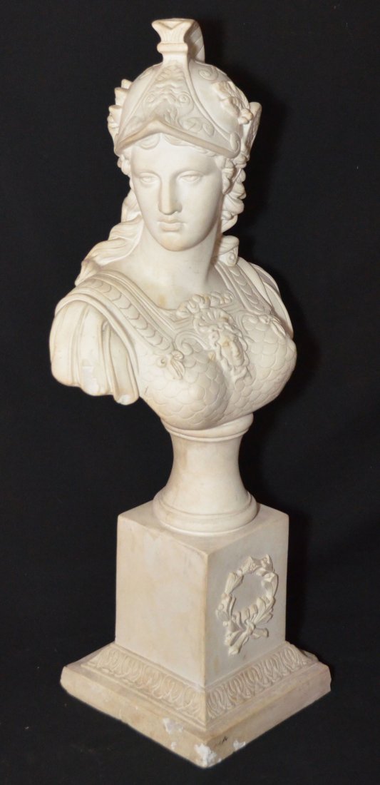 Plaster Bust of Goddess Minerva / Athena: Antonia Canova style plaster copy of Minerva. She measures 27.5" tall x 11" wide on an 8" square base.