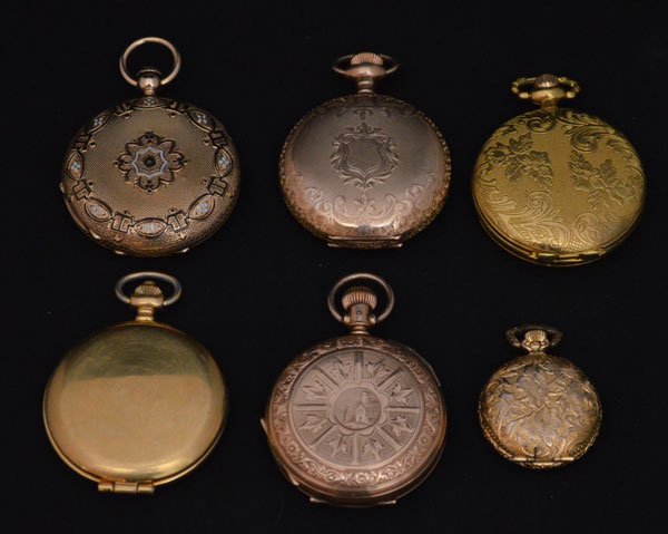 6 Hunter Case Gold Filled Pocket Watches Novelty: Lot Includes: Success Vintage Quartz(1 5/8"), Ciprini Quartz(1 5/8"), Lady Byron Quartz(1 1/8"), Unsigned(1 5/8"), Waltham(1 5/8"), Elgin(1 5/8")