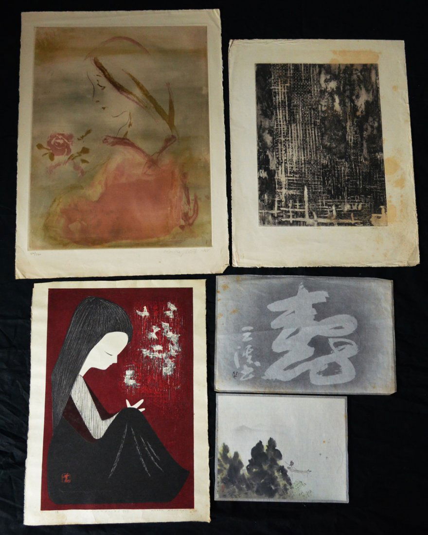Lot of Japanese & Chinese Signed Prints: (5) Japanese prints including "Buterflies" by Kaoru Kawano mesures 23.75" x 17.5"/Image:21.5" x 15", artist Kaiko Moti measures 30" x 22"/Image: 25" x 19" and (3) unsigned-one measures 26" x 19.5"/Ima