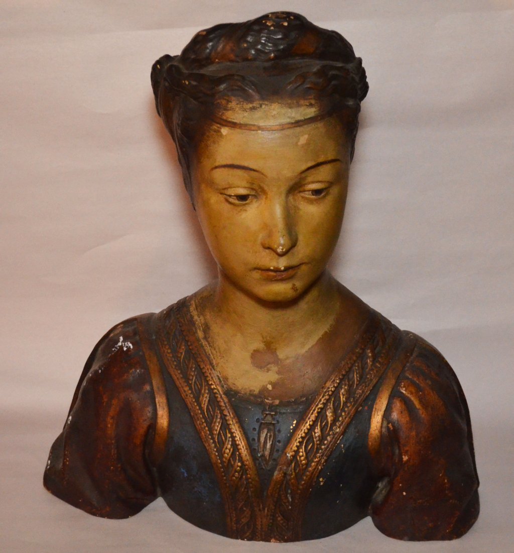 Painted Plaster Bust of a Renaissance Woman: She measures 18" tall x 15" wide x 7" deep.