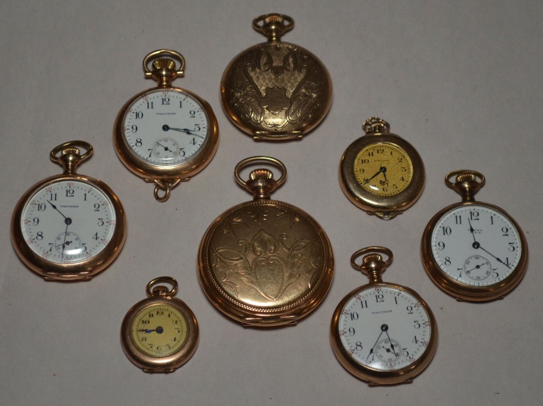 8 Vintage Pocket Watches: Ideal USA (1.25"), Elgin (1 5/8"), Waltham (1 3/8"), Swiss (7/8"), Waltham (1"), Waltham (1 3/8), Waltham (1.25"), Waltham (1 3/8")