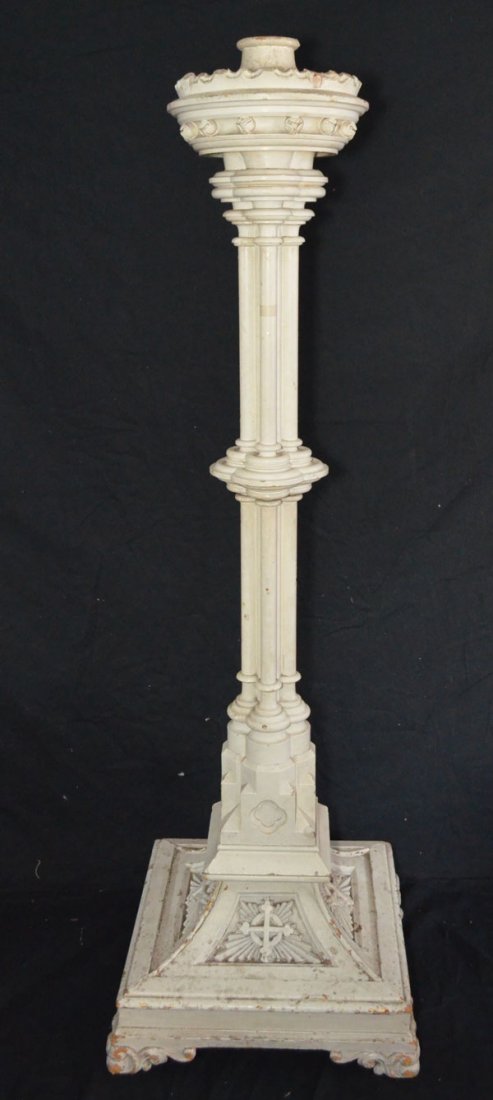 6' Gothic Carved Wooden Church Candle Stand: Likely a candle holder. Measures 72" tall x 22.5" square at the base.