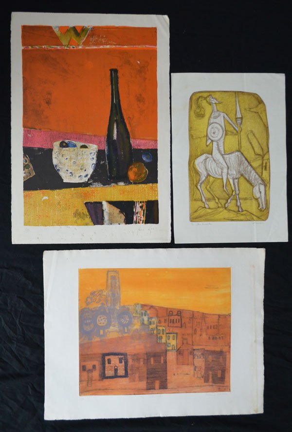 3 Unframed Signed Lithographs: (1) Helena Markson "The Cathedral" measures 31" x 22.5"/Image: 21.5" x 16.75", (1) Rene Genis measuring 30" x 22"/Image: 26 x 18.75", (1) Irving Amen "Don Quixote" measures 22.5" x 16.5"/Image: 17.5"