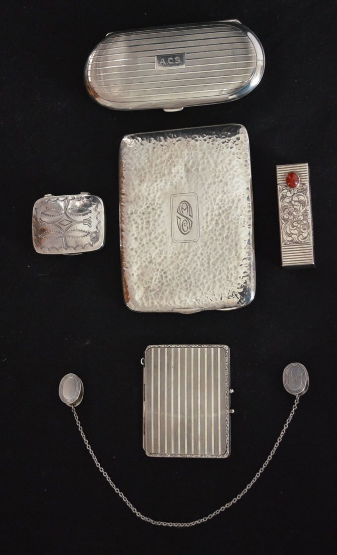 Generous Sterling Silver Lot of Accessories: Lot includes: sterling pocket compact frame (2 5/8" tall), 800 silver lipstick container with mirror (missing hinge pin, personalized, 2 3/8" long), William B Kerr sterling eyeglass case (4.5" long), 