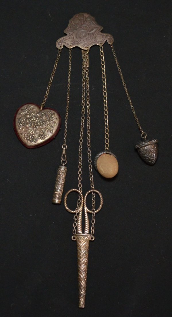 Incredible Victorian Sterling Silver Sewing Chatelaine: The clip is marked Gorham sterling, the others are marked differently. Measures 14" long total, the top clip measures 2.75" long.