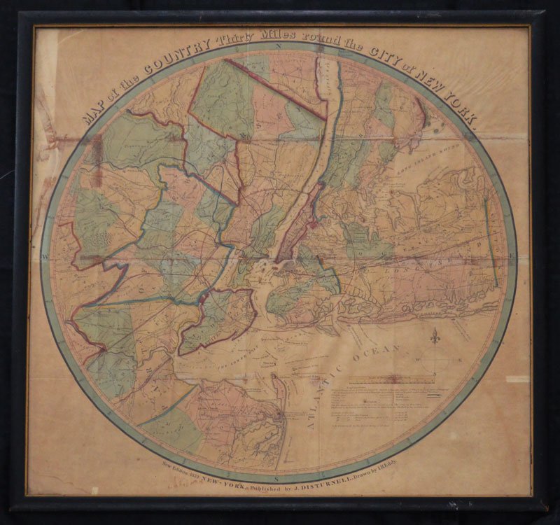 1839 Eddy Map Of The Country Around New York City: Map of the Country Thirty Miles round the City of New York. New Edition 1839 New-York Published by J. Disturnell. Drawn by IH Eddy. Frame: 23.75" x 23" paper sight: 22 1/8" x 21.5" (20.5" diameter)