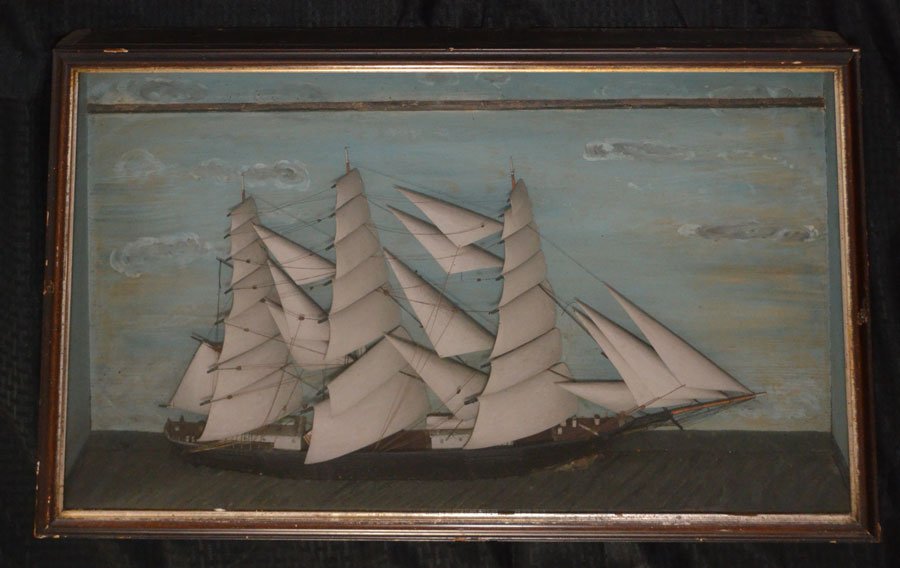19th Century Shadow Box Framed Ship Diorama: Three masted ship / schooner. Frame: 29" x 18.5" x 4.5" deep at the base (the ship alone measures approx. 22" long x 13" tall)