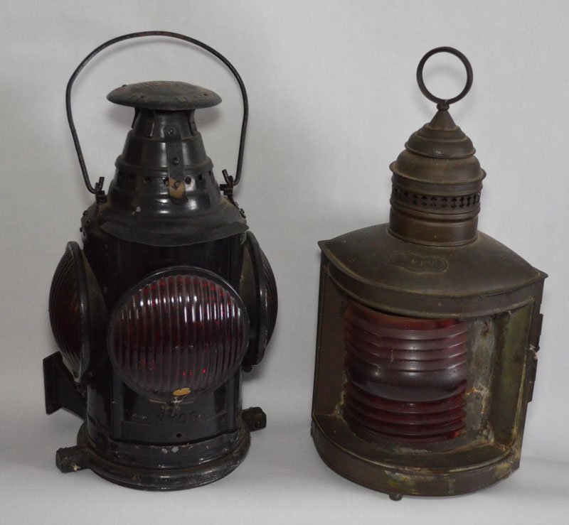 Dressel Railroad Lantern And Port Ship Lantern: Lot includes: Dressel 4 way red lens lantern (16.5" tall) and a copper "Port" side ships lantern (18" tall x 9.5" wide x 9" deep).