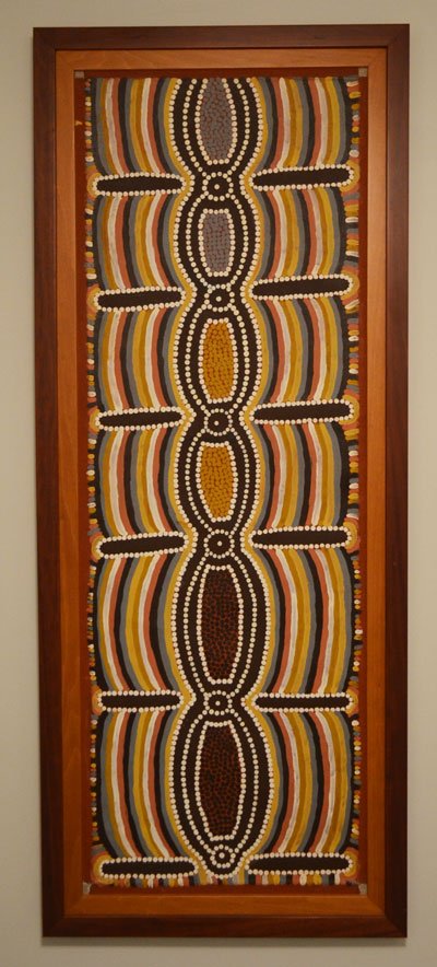 Paddy Carroll "Sweet Potatoes" Aboriginal Painting: Paddy Carroll Australian, 20th Century Sweet Potatoe [sic] Signed and inscribed with the title on the canvas overlap Acrylic on canvas Frame: 54" x 21 7/8" image sight: 49 1/8" x 17 1/8"