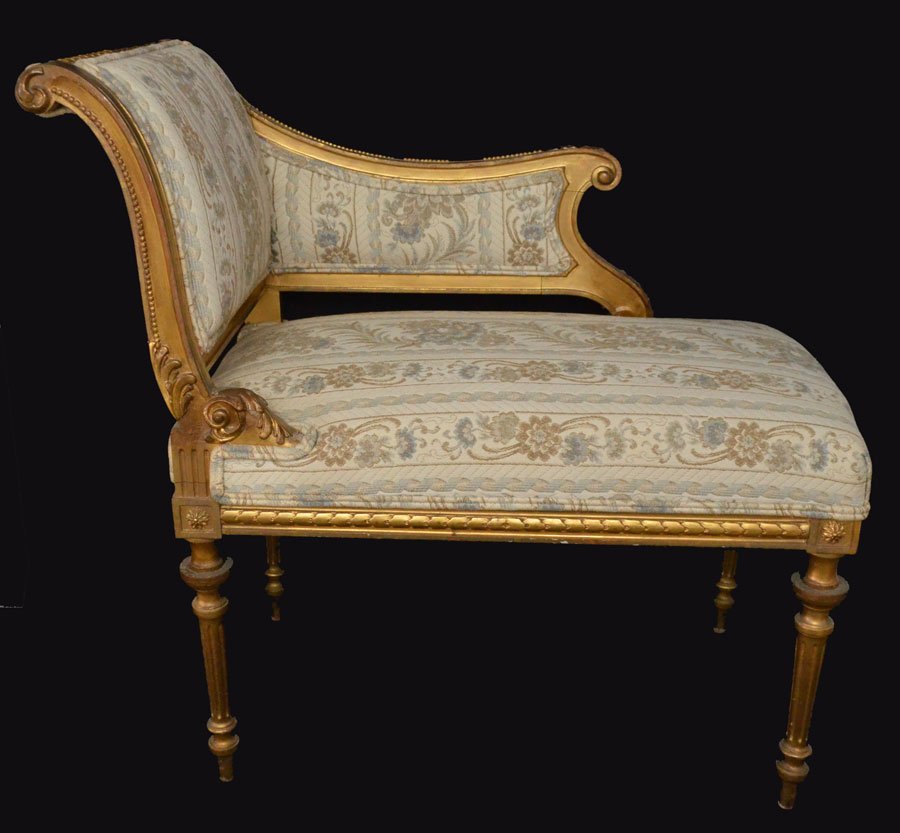 Louis XV Style Gold Leaf Telephone Bench: Great chaise lounge style telephone bench in Louis XV style. Measures 32.5" tall x 35" long x 17 3/8" deep.
