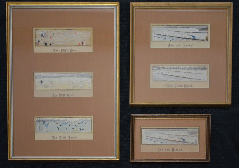 6 Stevengraph Silk Pictures of Sporting Scenes: Lot includes: Are You Ready (Crew Rowing scene F: 8.5" x 6" IS 6.25" x 3.25"), Are you Ready & The Final Spurt (Crew Rowing scenes F: 12.75" x 10.75") and The First Set (Tennis), The First Over (Crick