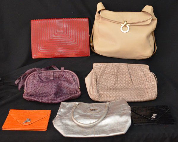 Lot of Designer Italian Leather Bags: Bottega Veneta (purple:18" w/handle x 10.75"), Karen Gallan Designs (black:7" x 5"), Furla (silver:14.25" w/handle x 12.5"), Bottega Veneta (beige:12" x 8"), Salvatore Ferragamo (tan:29" w/handle x 13
