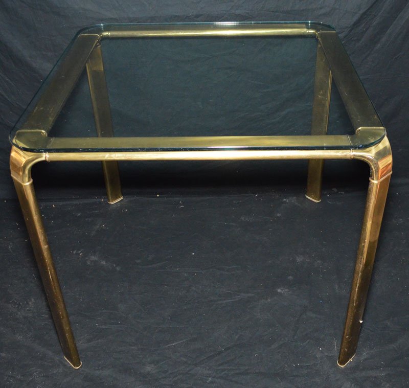 Mid Century Brass Card / Breakfast Table: Modern design tall table with a glass top. Measures 30.25" x 36" x 36" (excluding glass).