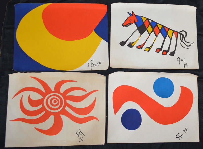 4 Alexander Calder Flying Color Posters: Lot includes 4 Alexander Calder prints from the Flying Colors Collection circa 1974. All signed in the print CA 74 with the embossed Flying Colors seal (except the dog image). They measure 25 7/8" x 1