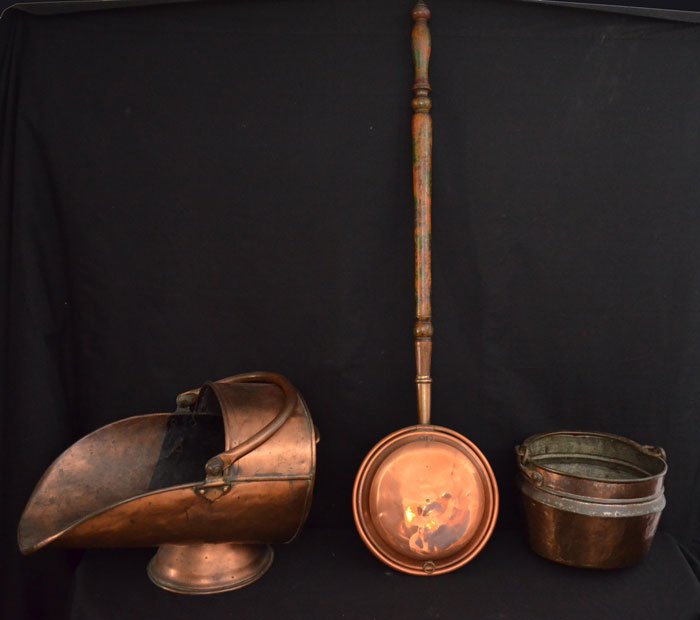 Primitive Copper Lot (Coal Scuttle, Bed Warmer, Pail): Lot includes: Copper bucket (7.5"), coal scuttle (12.5"), and bed warmer (43" long).