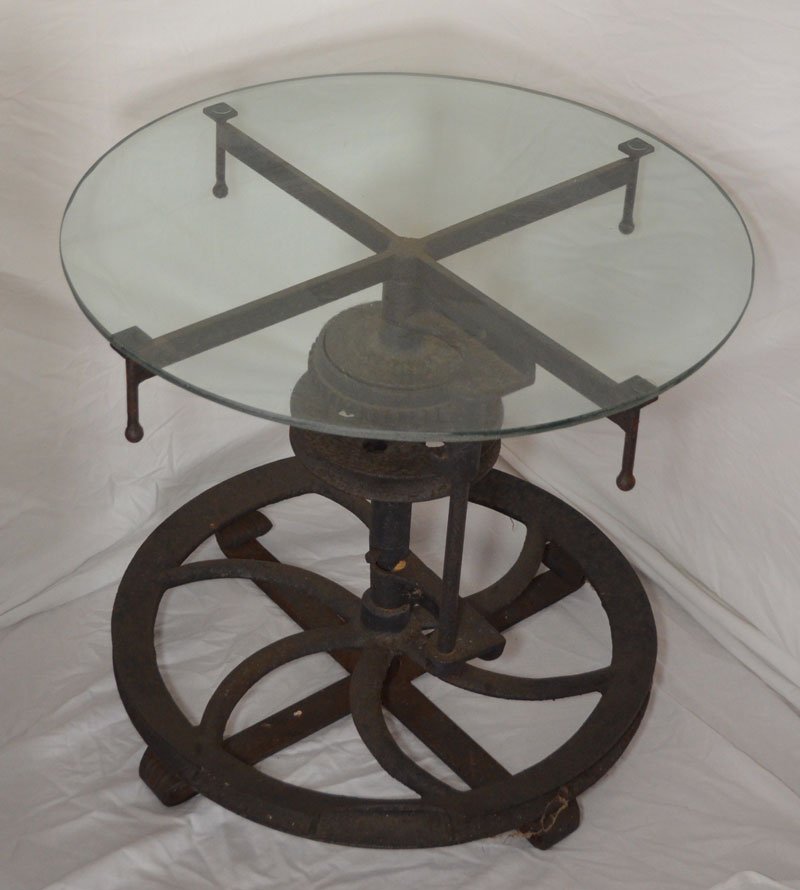 Industrial Cast Iron Wheel & Gear Side Table: Unique repurposed wheel and gear coffee or side table. Measures 21.5" tall x 24" diameter at the top.