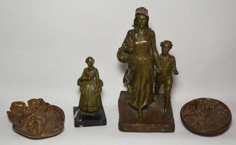 Fabulous Lot of Bronze Statues & Card Trays: Lot includes: Bronze Victorian woman (5" tall), JB 3355 patinated bronze woman and son bookend (8.5"), an Art Nouveau nude woman card tray (5 3/8" x 4"), and a Bronze woman picking apples (5 3/8" x 3.