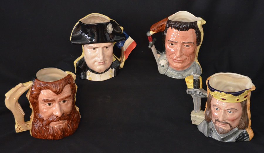 4 Large Double Face Royal Doulton Toby Mugs: Lot includes: King Arthur & Guinevere, Samson & Delilah, Anthony & Cleopatra and Napoleon & Josephine. Range from 6.5" tall to 7.25" tall.