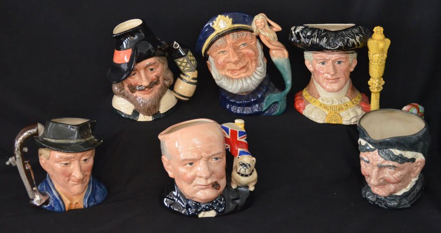 Lot of 6 Large Royal Doulton Toby Character Mugs: Lot includes: Winston Churchill, Guy Fawkes, Old Salt, The Lord Mayor of London, The Antique Dealer and Granny. They range from 6" to 7.5" tall.