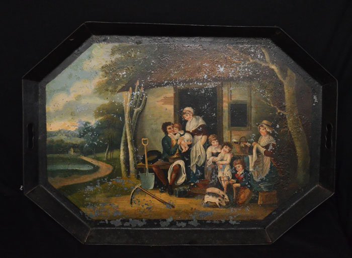 Large, Antique Genre Scene Painted Tole Tray: It measures 1.75" tall x 30.25" long x 21.5" wide.