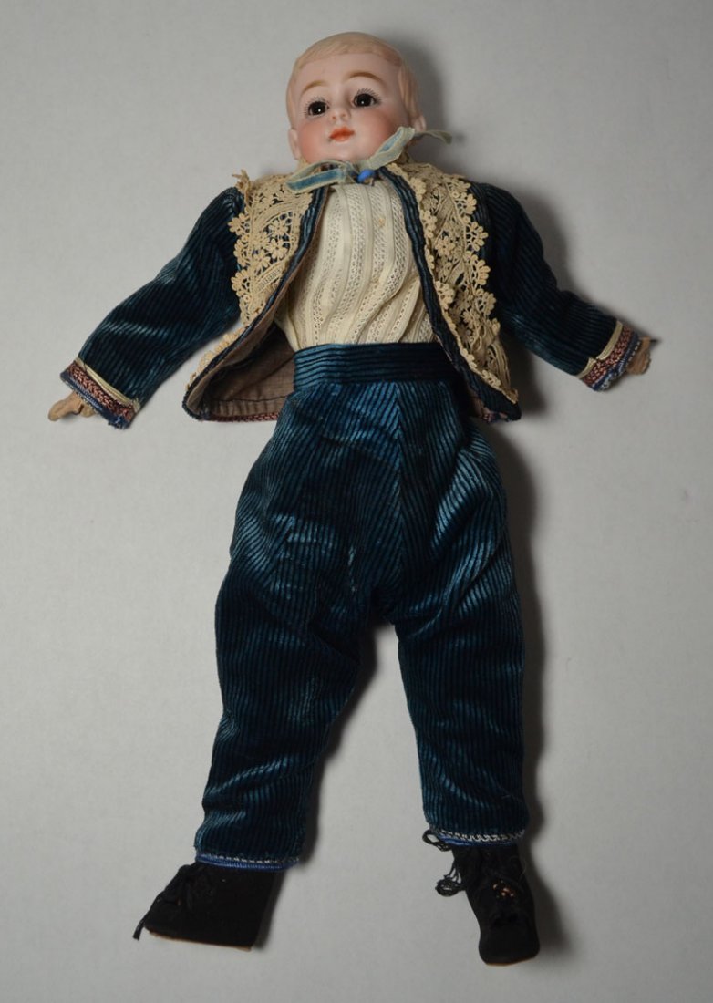 Antique German Bisque Schoolboy Doll in Velvet: American School Boy Measures 14" tall.