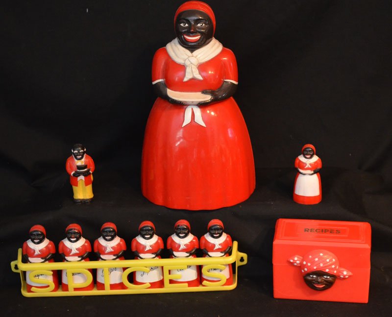 Aunt Jemima Spice Rack, Spices & Cookie Jar: F&F Mold & Die Works (excluding spice racks and recipe box). The cookie jar measures 11.75" tall, the spice holders measure 4.25" tall, the salt & pepper measures 3.5" tall and the recipe box measures