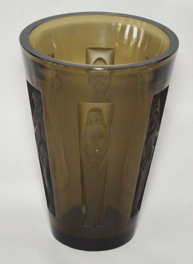 Signed R. Lalique Olive Green Vase with Maiden Panels (1 of 4)