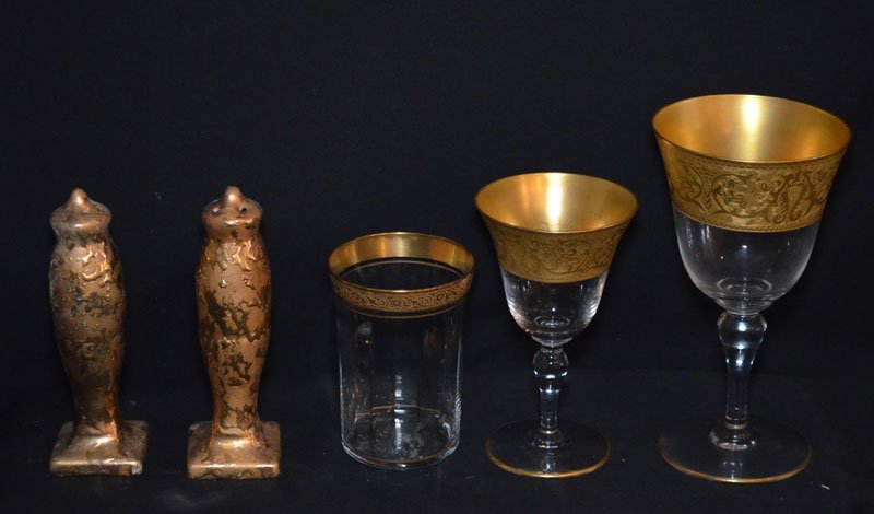 Lot of Vintage Etched Gold Gilt Stemware: Lot includes: 16 smaller white wine glasses (5 3/8"t), 13 larger wine glasses (6.25" tall x 3.75" diameter at the top), 8 tumblers (4"t) and 4 salt/pepper shakers.