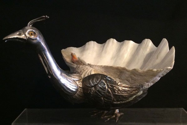 Unique Vintage Italian Silverplate Peacock Centerpiece: With natural shell back. Measures 9 1/2" High x 14 1/2" Wide x 15 1/2" Long