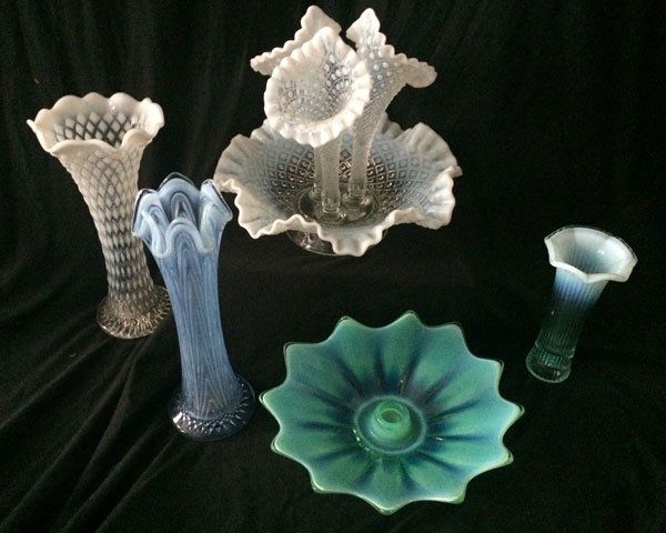 Lot Of  5 Opalescent Pieces( Epergne, Vases, Candle hol (1 of 5)