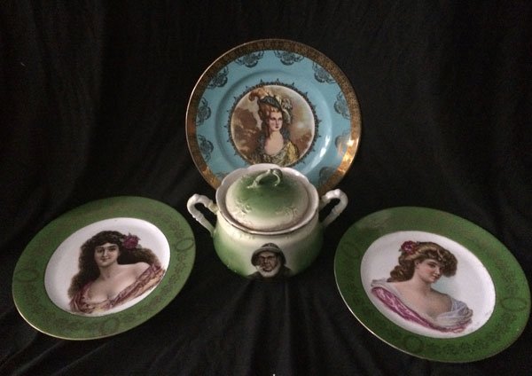Lot Of 3 Antique Portrait Plates And Tobacco Jar (1 of 7)