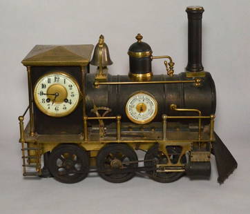 A French Bronze Industrial Style Steam Locomotive: Train features a clock, barometer and a compass. It measures 19" l x 15.25" w x 8" deep.