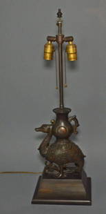 Whimsical Inlaid Bronze Duck Lamp: Measures 27.5" tall x 6 7/8" x 8 7/8"