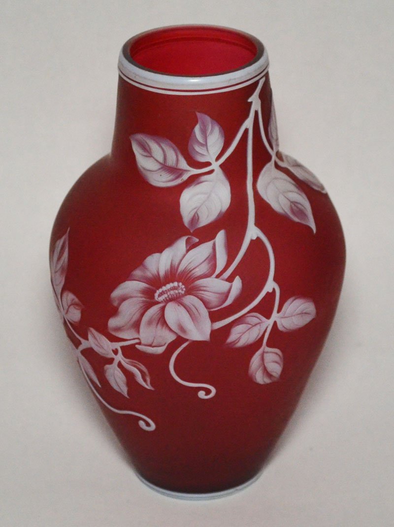 Red Cameo Glass Vase Attr to Thomas Webb: Measures 6.5" tall x 2" diameter at the top.