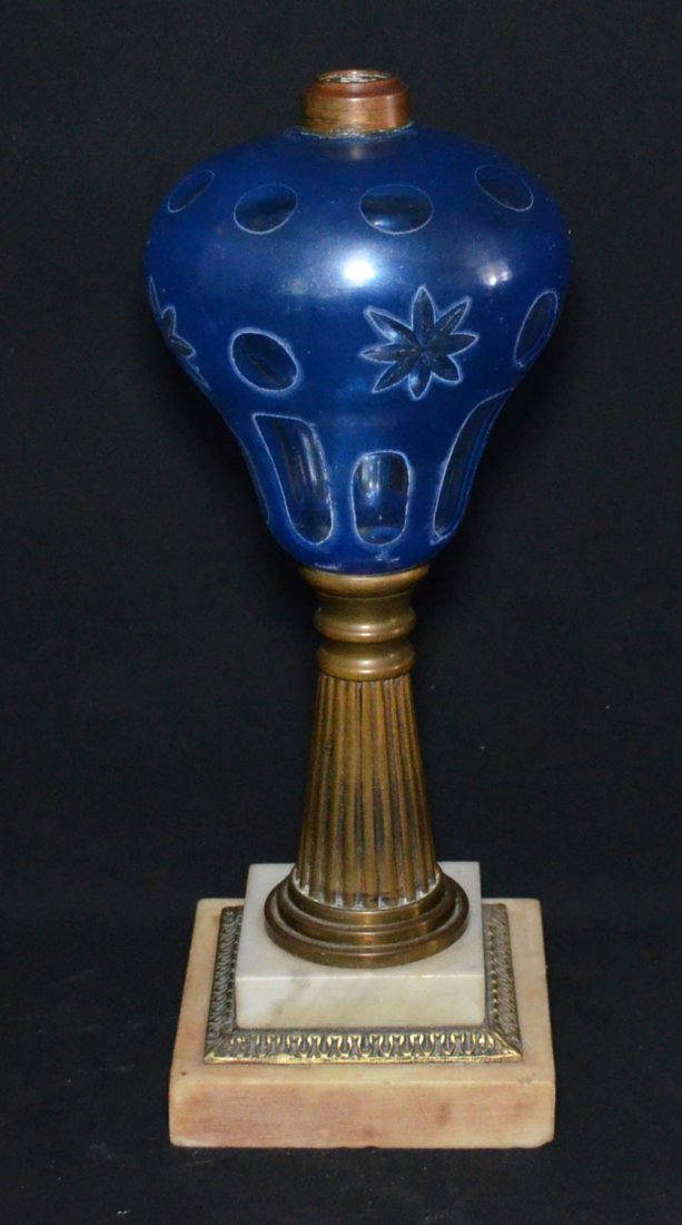 Antique Blue Cut to Clear Oil Lamp (1 of 2)