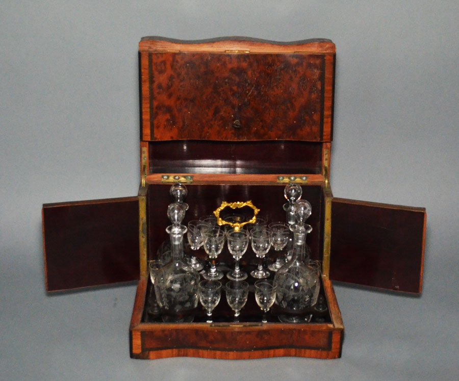 Antique Port Wine Tantalus w Decanters & Glasses: Measures 10" tall x 13" long x 10" deep. Decanter measures 8" tall and the cups measure 3" tall.