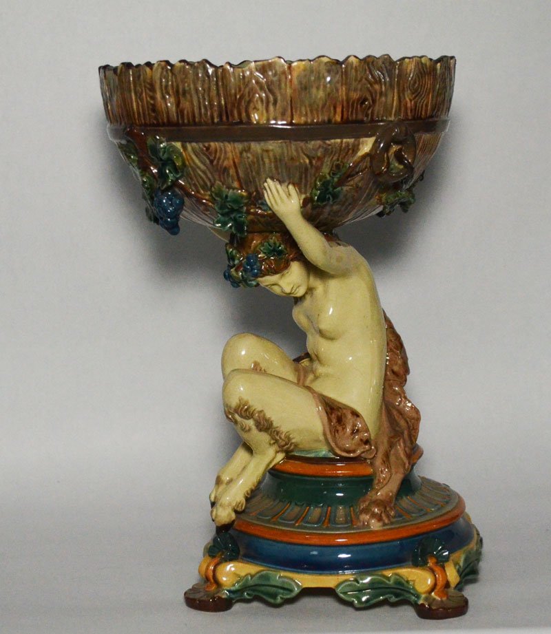 Stunning Continental Majolica Female Faun Compote: Likely either Minton or Wedgwood, unsigned, has 271 imprinted on the underside. Measures 11.25" tall x 7.25" diameter at the top