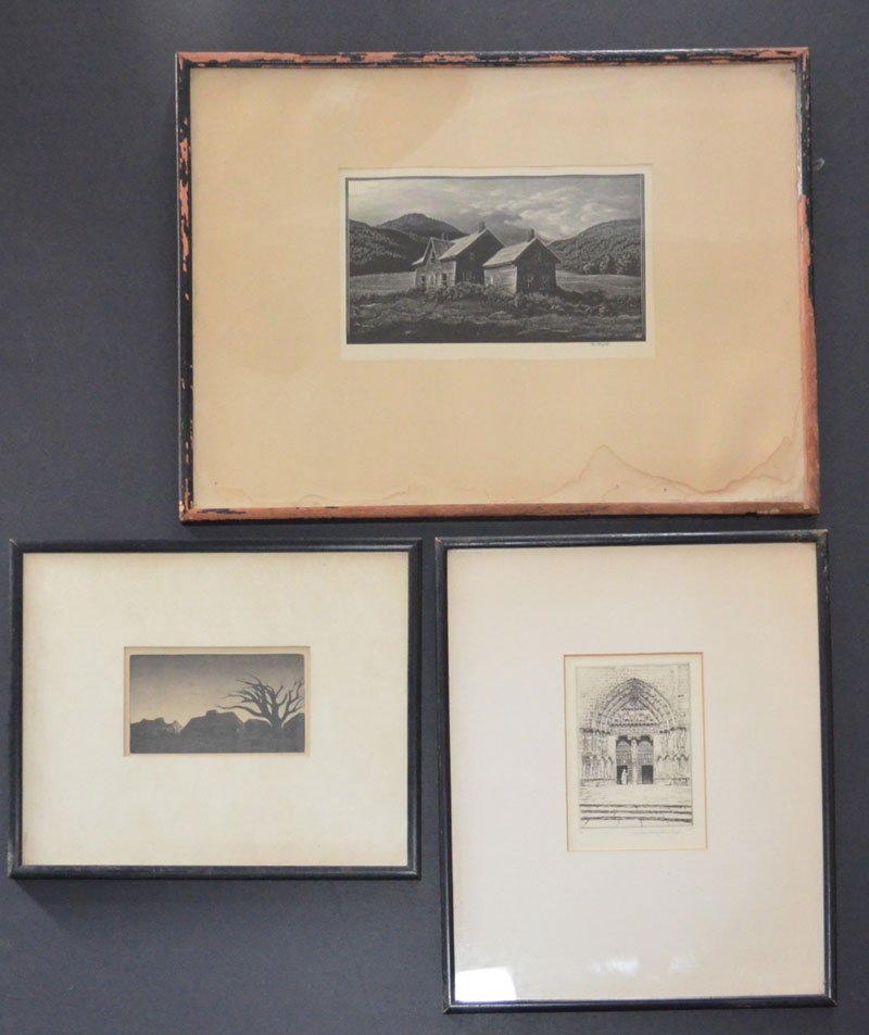 Three Antique Signed Etchings: Lot includes: John Taylor Arms (F: 14.5" x 11.5" I: 5"x 3.25"), "November Twilight" signed under matting (12" x 10.5 I: 5" x 3") and Asa Cheffetz (18.5" x 14.5" I: 8 1/8" x 5 1/8")