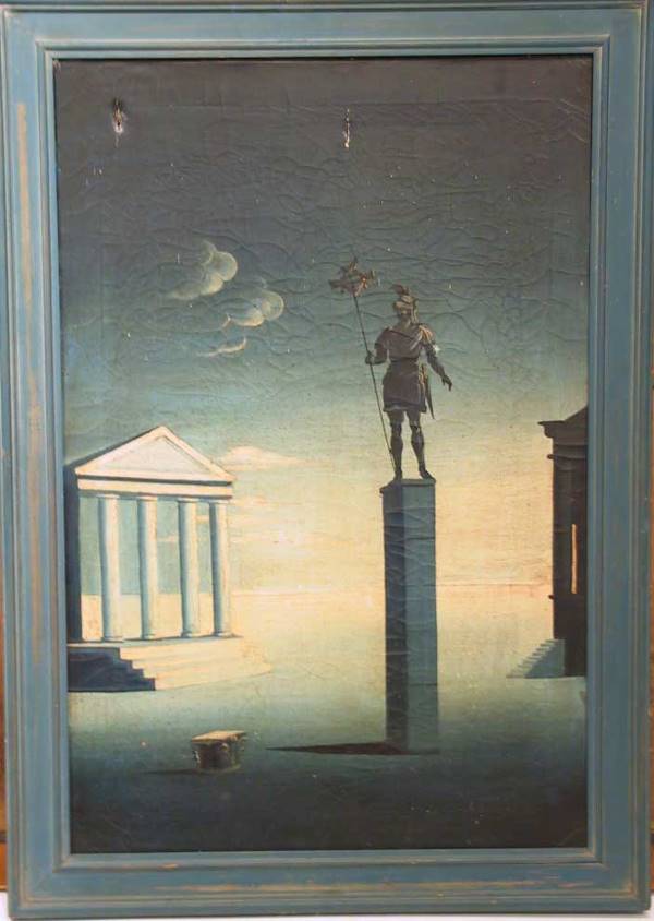 Maxfield Parrish Like Arts And Crafts O'C Of Knigh: A great unsigned Arts and Crafts painting we found in an old stucco cottage of a knight . It measures 35 " x 23"It has two small slits as you can see in the pictures and some white specs of paint( pro