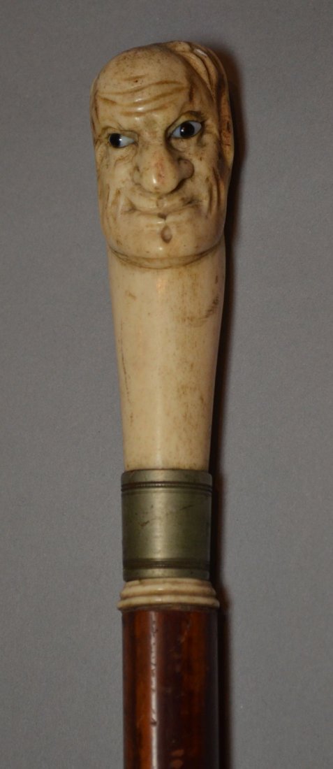Antique Cane with Carved Antler Bust of a Man (1 of 2)